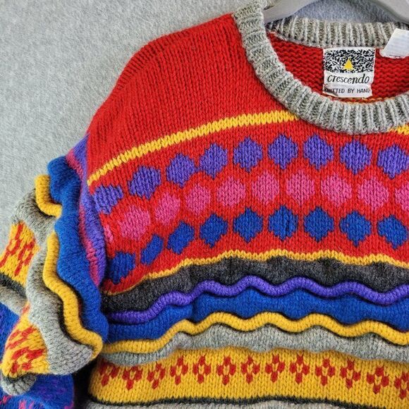 Vintage Wool Sweater Womens Large Striped Knitted By Hand Cosby Crescendo 90s - Picture 3 of 16